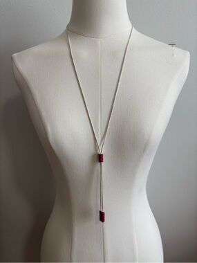 Nine West Silver Lariat Necklace with Pink Accents. 38in